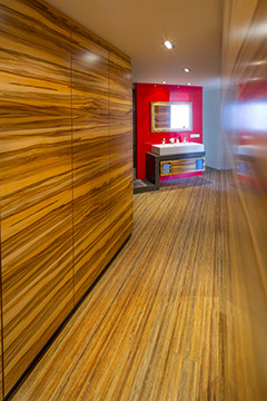 Moderne rode badkamer met inloopkast